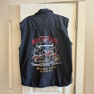 Y2K 2004 Biker Black Denim Sleeveless Distressed Sturgis Bike Rally Button Up